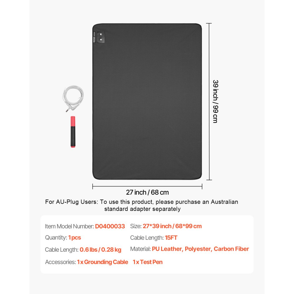 VEVOR Grounding Mat, 680 x 990 mm Anti-Slip PU Leather Earthing Mat, with 15 Feet Grounding Cord, Grounding Pad for Sleep, Boost Energy, Improve Sleep, Reduce Anxiety at Home Office or Work