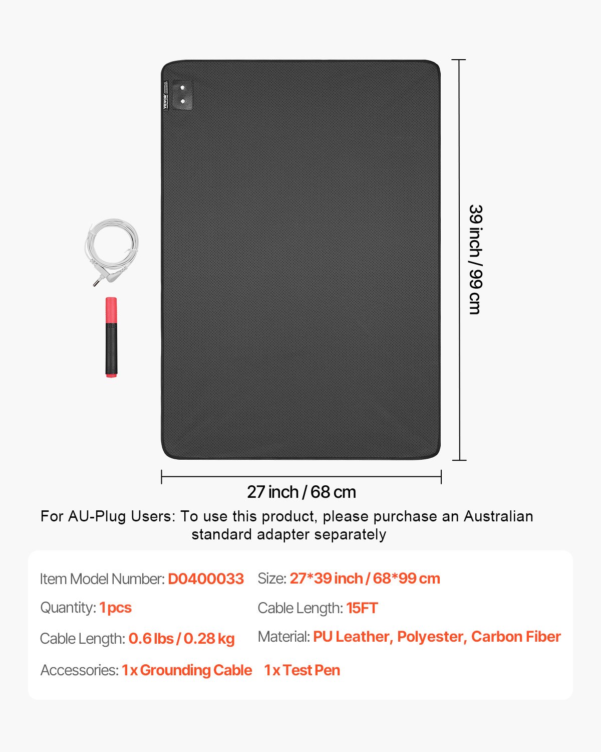 VEVOR Grounding Mat, 680 x 990 mm Anti-Slip PU Leather Earthing Mat, with 15 Feet Grounding Cord, Grounding Pad for Sleep, Boost Energy, Improve Sleep, Reduce Anxiety at Home Office or Work