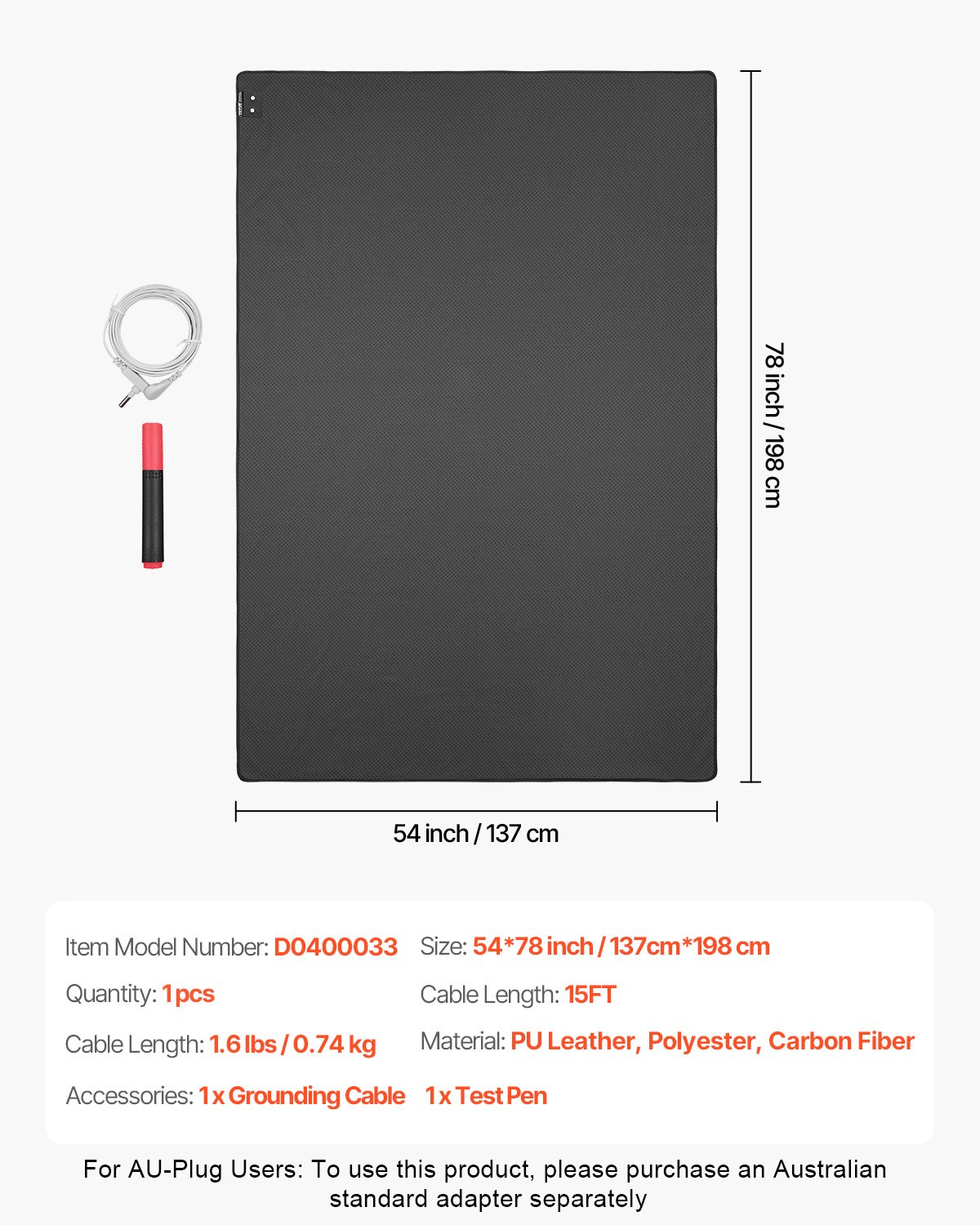 VEVOR Grounding Mat, 1380 x 1980 mm Anti-Slip PU Leather Earthing Mat, with 15 Feet Grounding Cord, Grounding Pad for Sleep, Boost Energy, Improve Sleep, Reduce Anxiety at Home Office or Work