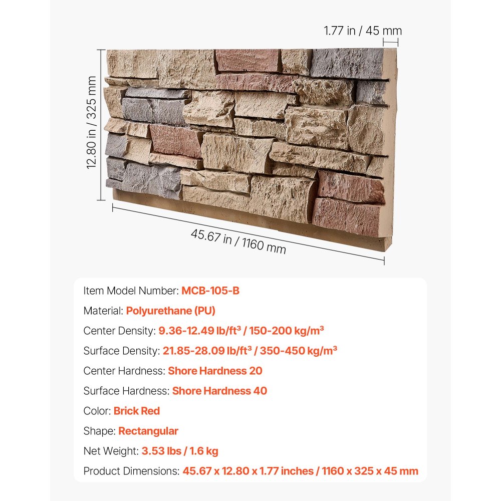 VEVOR Faux Stacked Stone Panel, 45.6 x 12.8 in Artificial Stone Wall Panels, High-Density PU Stones Siding Panel, Easy to Cut, Rock Panels for Interior and Exterior Decorations, Brick Red