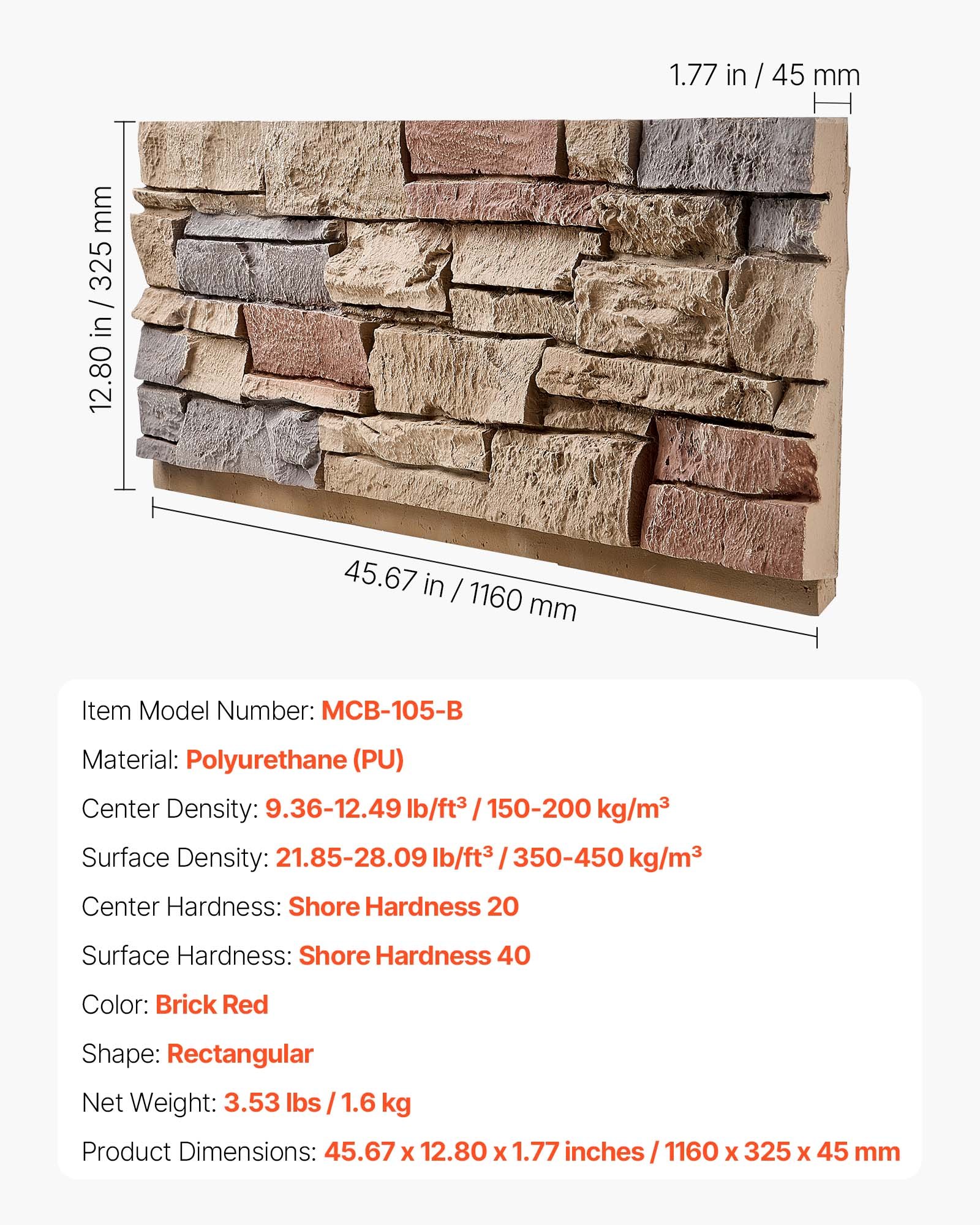 VEVOR Faux Stacked Stone Panel, 45.6 x 12.8 in Artificial Stone Wall Panels, High-Density PU Stones Siding Panel, Easy to Cut, Rock Panels for Interior and Exterior Decorations, Brick Red