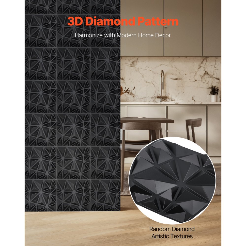 VEVOR 3D Wall Panels, 33-Pack 11.81 x 11.81 in PVC Modern Art Minimalist Diamond Tiles, 2.97㎡ Coverage Accent Wall Panel, Interior Home Decor for Ceiling, Bedroom, Living & Gaming Room, Matte Black