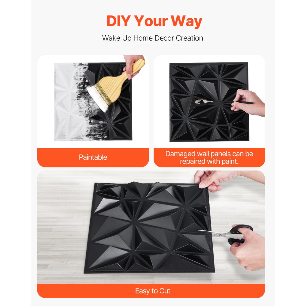 VEVOR 3D Wall Panels, 33-Pack 11.81 x 11.81 in PVC Modern Art Minimalist Diamond Tiles, 2.97㎡ Coverage Accent Wall Panel, Interior Home Decor for Ceiling, Bedroom, Living & Gaming Room, Matte Black