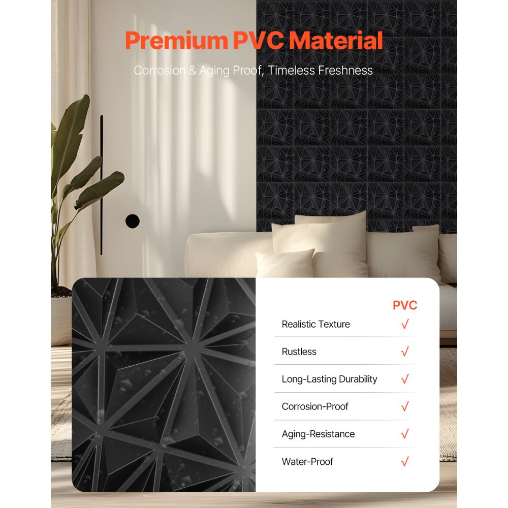 VEVOR 3D Wall Panels, 33-Pack 11.81 x 11.81 in PVC Modern Art Minimalist Diamond Tiles, 2.97㎡ Coverage Accent Wall Panel, Interior Home Decor for Ceiling, Bedroom, Living & Gaming Room, Matte Black