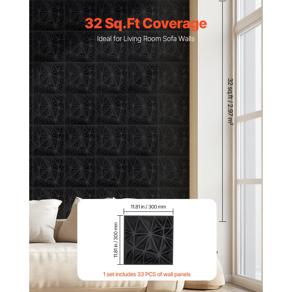VEVOR 3D Wall Panels, 33-Pack 11.81 x 11.81 in PVC Modern Art Minimalist Diamond Tiles, 2.97㎡ Coverage Accent Wall Panel, Interior Home Decor for Ceiling, Bedroom, Living & Gaming Room, Matte Black