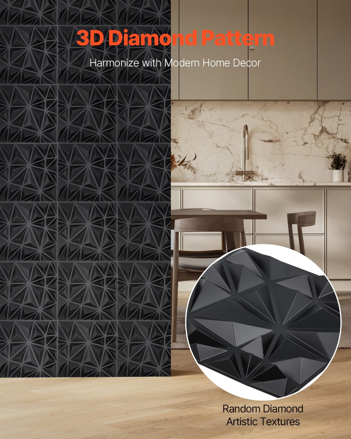 VEVOR 3D Wall Panels, 33-Pack 11.81 x 11.81 in PVC Modern Art Minimalist Diamond Tiles, 2.97㎡ Coverage Accent Wall Panel, Interior Home Decor for Ceiling, Bedroom, Living & Gaming Room, Matte Black