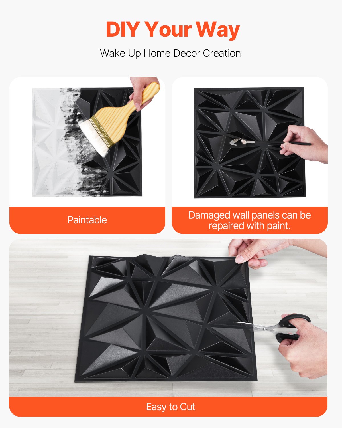 VEVOR 3D Wall Panels, 33-Pack 11.81 x 11.81 in PVC Modern Art Minimalist Diamond Tiles, 2.97㎡ Coverage Accent Wall Panel, Interior Home Decor for Ceiling, Bedroom, Living & Gaming Room, Matte Black