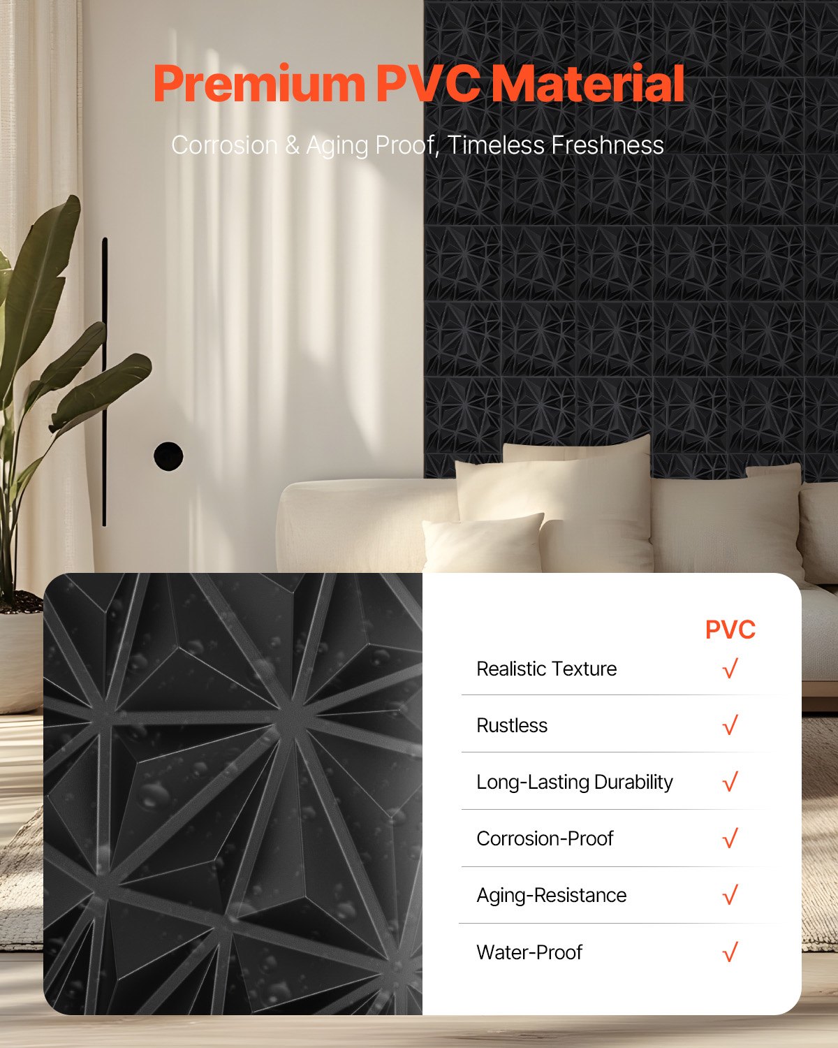 VEVOR 3D Wall Panels, 33-Pack 11.81 x 11.81 in PVC Modern Art Minimalist Diamond Tiles, 2.97㎡ Coverage Accent Wall Panel, Interior Home Decor for Ceiling, Bedroom, Living & Gaming Room, Matte Black