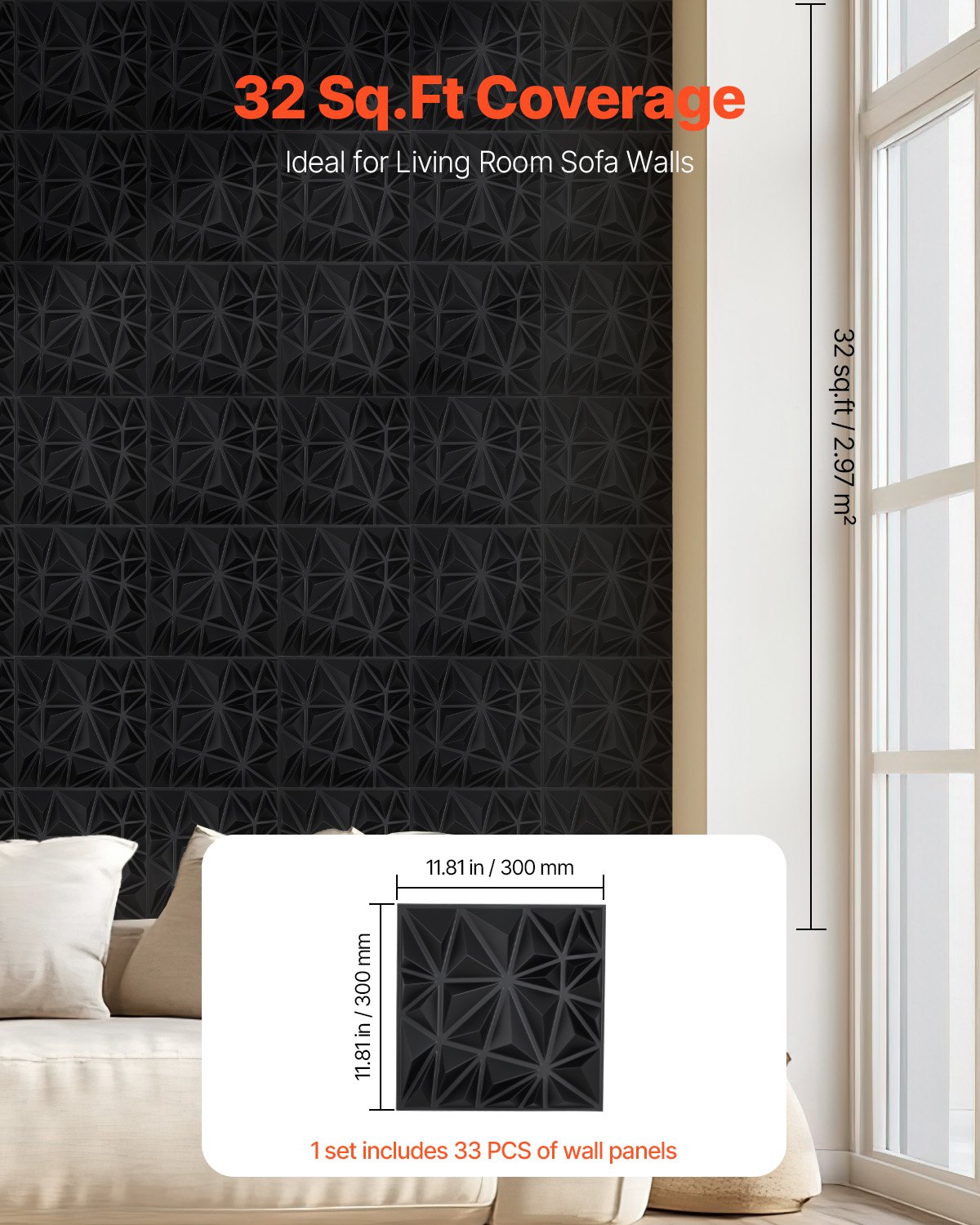 VEVOR 3D Wall Panels, 33-Pack 11.81 x 11.81 in PVC Modern Art Minimalist Diamond Tiles, 2.97㎡ Coverage Accent Wall Panel, Interior Home Decor for Ceiling, Bedroom, Living & Gaming Room, Matte Black