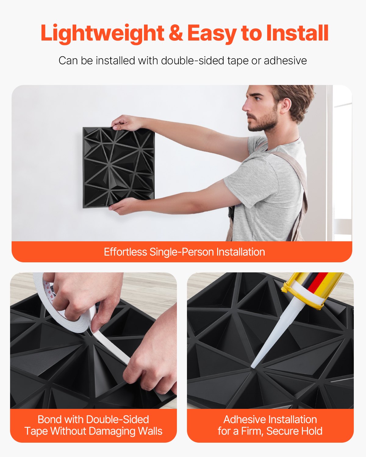 VEVOR 3D Wall Panels, 33-Pack 11.81 x 11.81 in PVC Modern Art Minimalist Diamond Tiles, 2.97㎡ Coverage Accent Wall Panel, Interior Home Decor for Ceiling, Bedroom, Living & Gaming Room, Matte Black