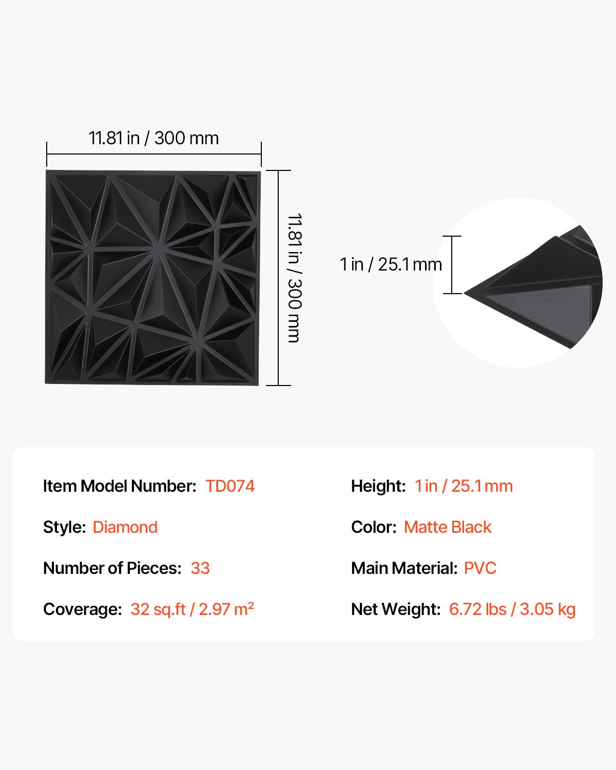 VEVOR 3D Wall Panels, 33-Pack 11.81 x 11.81 in PVC Modern Art Minimalist Diamond Tiles, 2.97㎡ Coverage Accent Wall Panel, Interior Home Decor for Ceiling, Bedroom, Living & Gaming Room, Matte Black