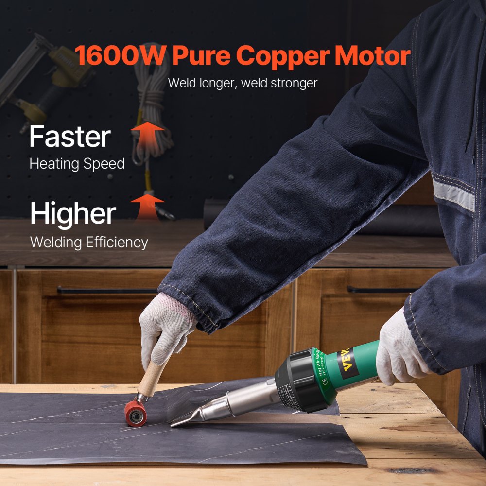 VEVOR Hot Air Plastic Welder, 1600W Hot Air Torch Pistol, 122-1112℉ PVC TPO Vinyl Heat Gun Welding Torch, Plastic Roofing Welding Kit with 9 Accessories- 4 Nozzles & 4 Seam Rollers for PP/PE/PVC Sheet