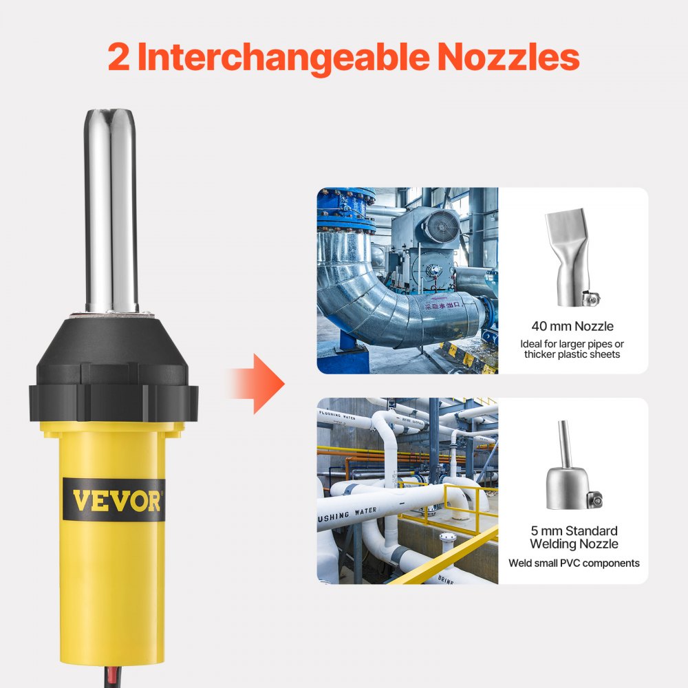 VEVOR Hot Air Plastic Welder, 1000W Hot Air Torch Pistol, 50- 600°C PVC TPO Vinyl Heat Gun Welding Torch, Plastic Welding Kit with 4 Accessories- 2 Nozzles, 1 Seam Roller & Brush for PP/PE/PVC Sheet