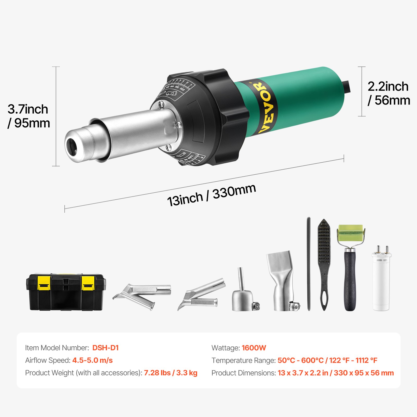 VEVOR Hot Air Plastic Welder, 1600W Hot Air Torch Pistol, 122-1112℉ PVC TPO Vinyl Heat Gun Welding Torch, Plastic Roofing Welding Kit with 9 Accessories- Toolbox, Nozzle, Roller, Brush for PP/PE/PVC