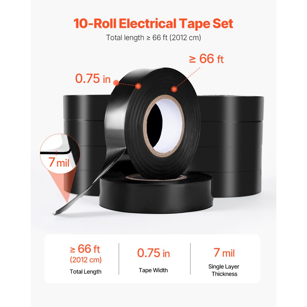 VEVOR 600V Electrical Tape, 10 Rolls, 3/4 in x 66 ft General Purpose PVC Insulating Wire, 0℉ to 221℉ Flame Retardant, Waterproof, Secure Adhesion, Weather Resistance, for Electrical Equipment, Black