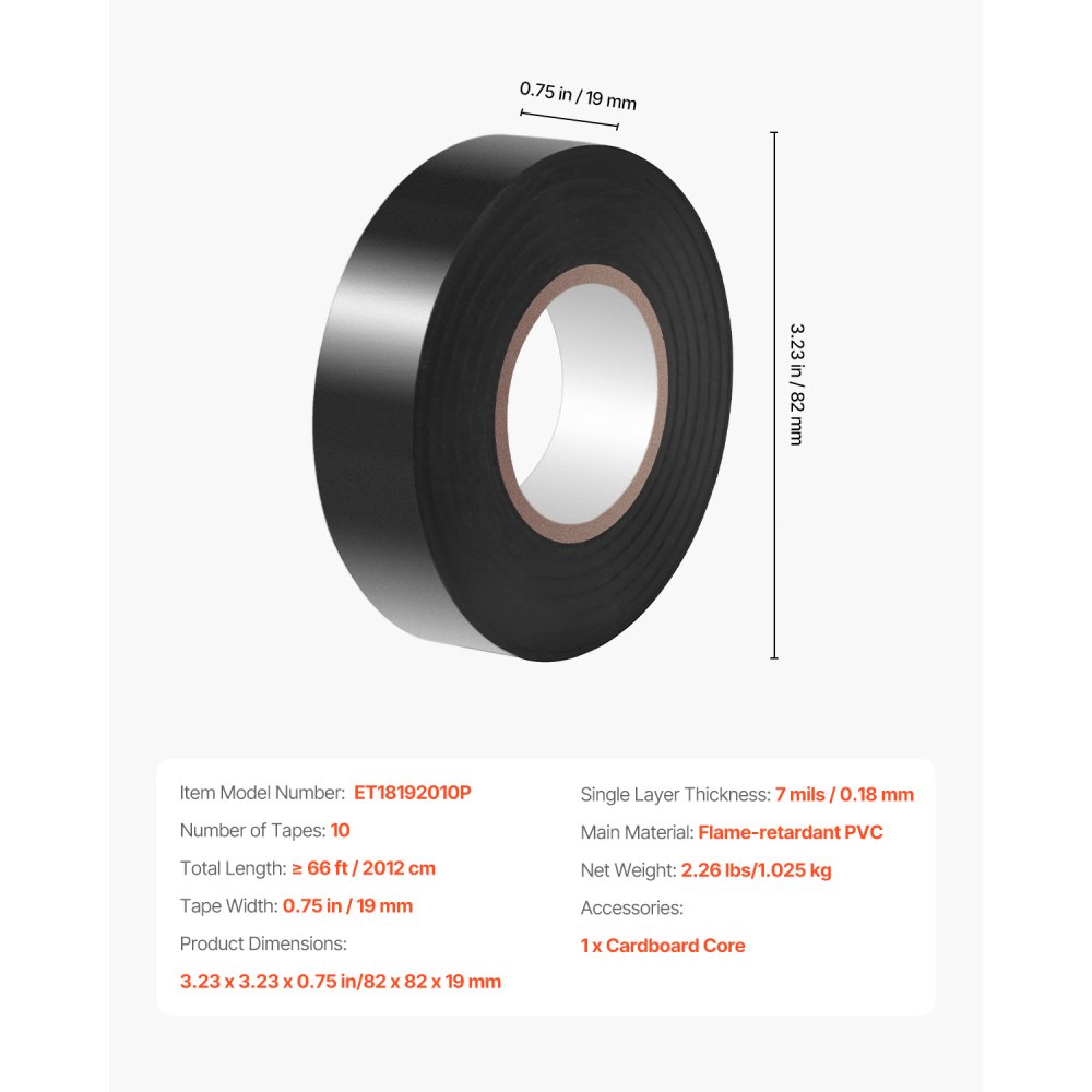 VEVOR 600V Electrical Tape, 10 Rolls, 3/4 in x 66 ft General Purpose PVC Insulating Wire, 0℉ to 221℉ Flame Retardant, Waterproof, Secure Adhesion, Weather Resistance, for Electrical Equipment, Black