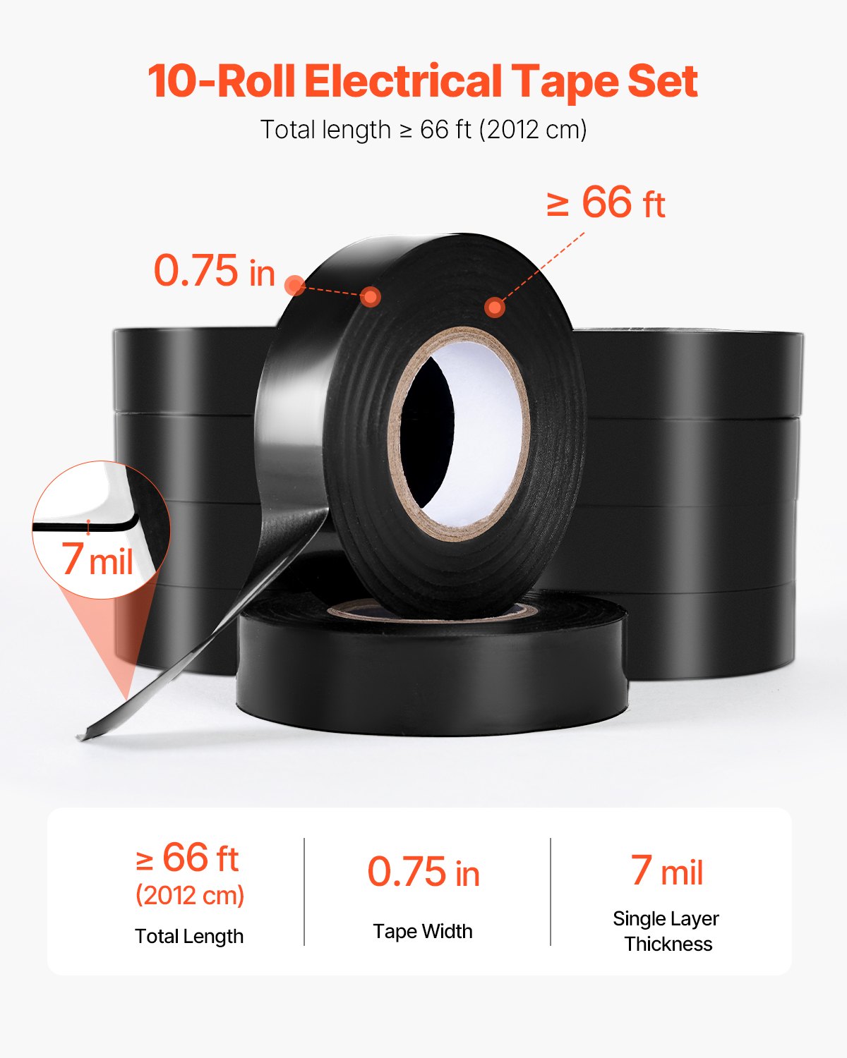 VEVOR 600V Electrical Tape, 10 Rolls, 3/4 in x 66 ft General Purpose PVC Insulating Wire, 0℉ to 221℉ Flame Retardant, Waterproof, Secure Adhesion, Weather Resistance, for Electrical Equipment, Black