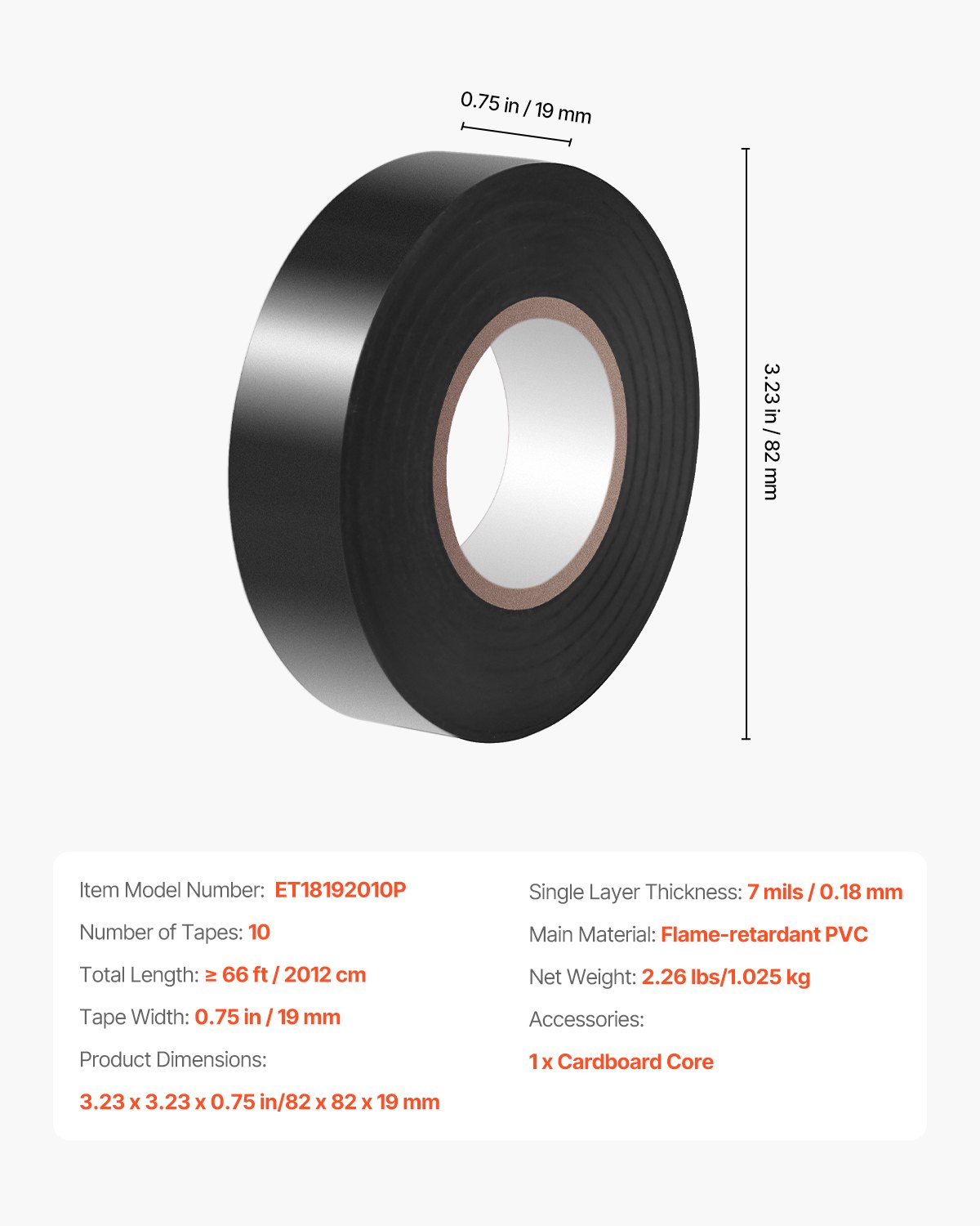 VEVOR 600V Electrical Tape, 10 Rolls, 3/4 in x 66 ft General Purpose PVC Insulating Wire, 0℉ to 221℉ Flame Retardant, Waterproof, Secure Adhesion, Weather Resistance, for Electrical Equipment, Black