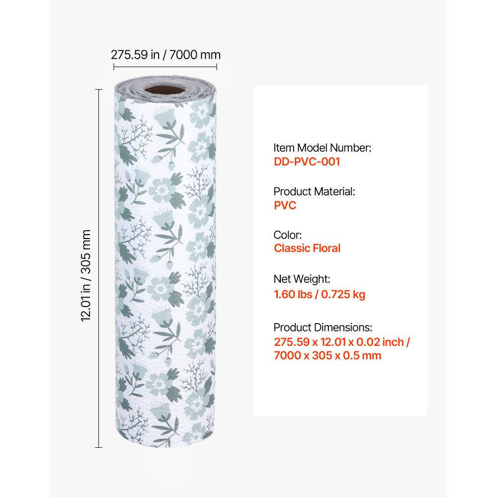 VEVOR Drawer and Shelf Liner for Kitchen Cabinet, Non-Adhesive Non-Slip Thick Refrigerator Liners, Waterproof Shelf Paper, Cupboard Bathroom Drawer Mats, PVC Fridge Lining for Shelves, Floral, 23 FT