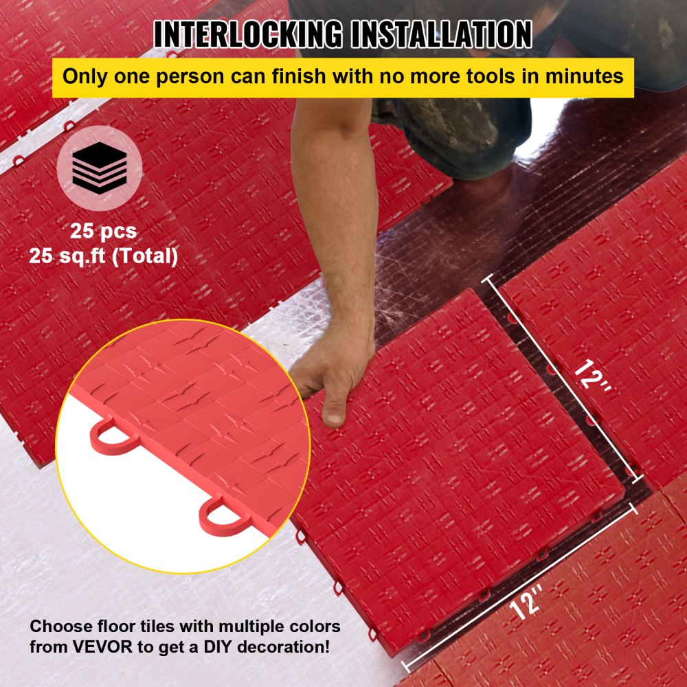 VEVOR Box of 25 Interlocking DIY Floor Tiles 305x305mm Home Garage Poolside Red