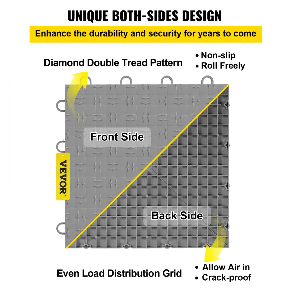 VEVOR Garage Tiles Interlocking, 12'' x 12'', 50 pcs, Silver Garage Floor Covering Tiles, Non-Slip Diamond Plate Garage Flooring Tiles, Support up to 55,000 lbs for Basements, Gyms, Repair Shops