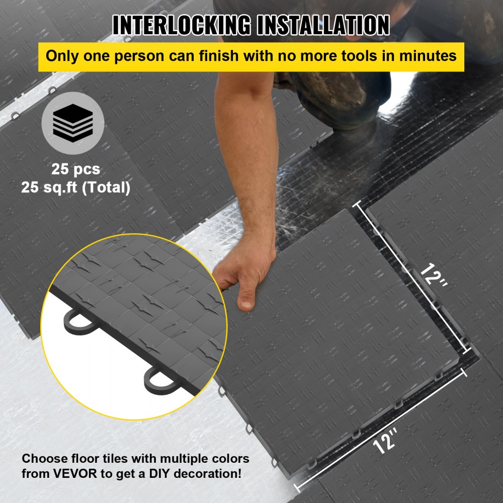 VEVOR Garage Floor, Durable Interlocking Floor Tiles, 25 Pack, Non-Slip Diamond Plate Garage Tiles, Support up to 55,000 lbs for Car Garage, Basements, Gyms, Repair Shops (12 x 12 inch, Graphite)