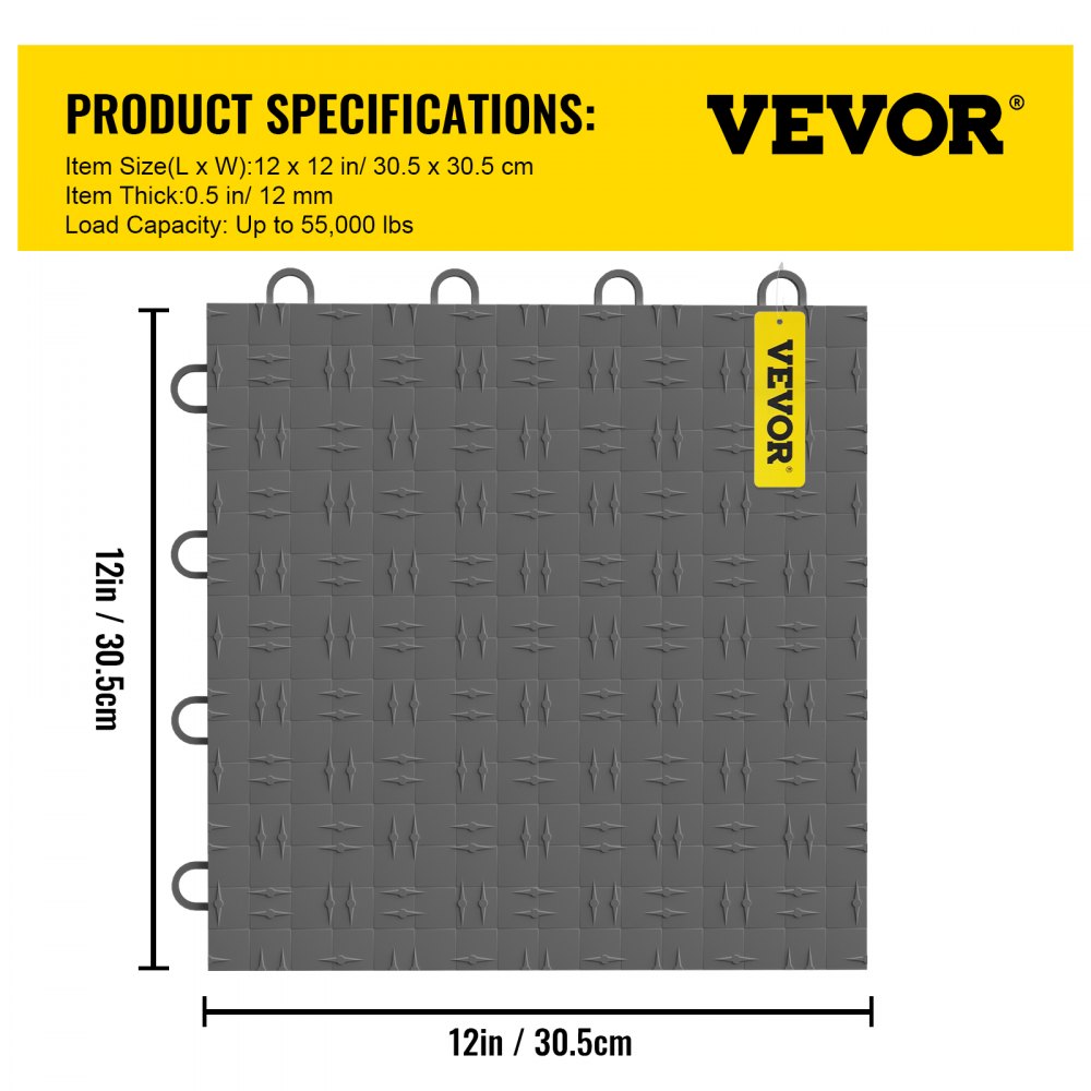 VEVOR Garage Tiles Interlocking, 12'' x 12'', 25 pcs, Graphite Grey Garage Floor Covering Tiles, Non-Slip Diamond Plate Garage Flooring Tiles, Support up to 55,000 lbs for Basements, Gyms