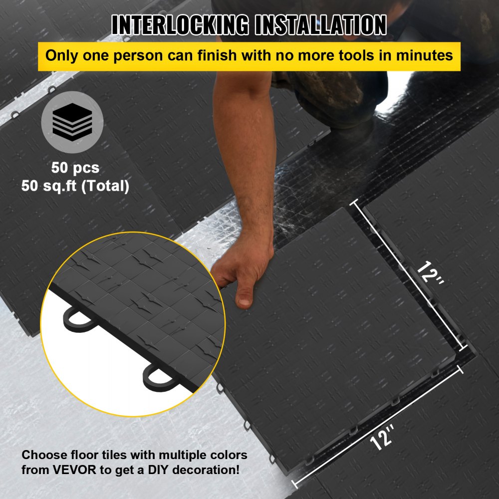 VEVOR Garage Tiles Interlocking, 12'' x 12'', 50 pcs, Graphite Grey Garage Floor Covering Tiles, Non-Slip Diamond Plate Garage Flooring Tiles, Support up to 55,000 lbs for Basements, Gyms
