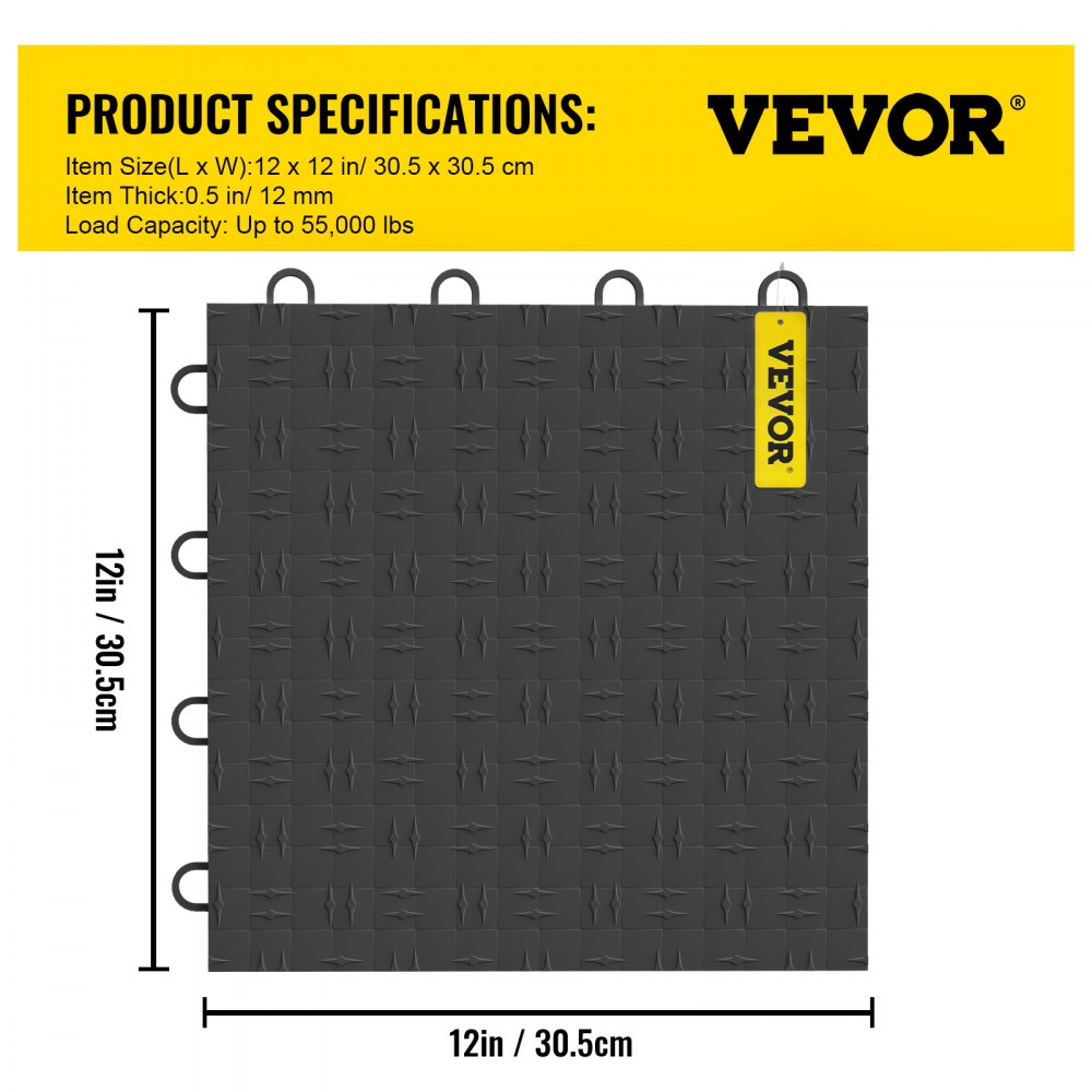 VEVOR Garage Tiles Interlocking, 12'' x 12'', 50 pcs, Graphite Grey Garage Floor Covering Tiles, Non-Slip Diamond Plate Garage Flooring Tiles, Support up to 55,000 lbs for Basements, Gyms
