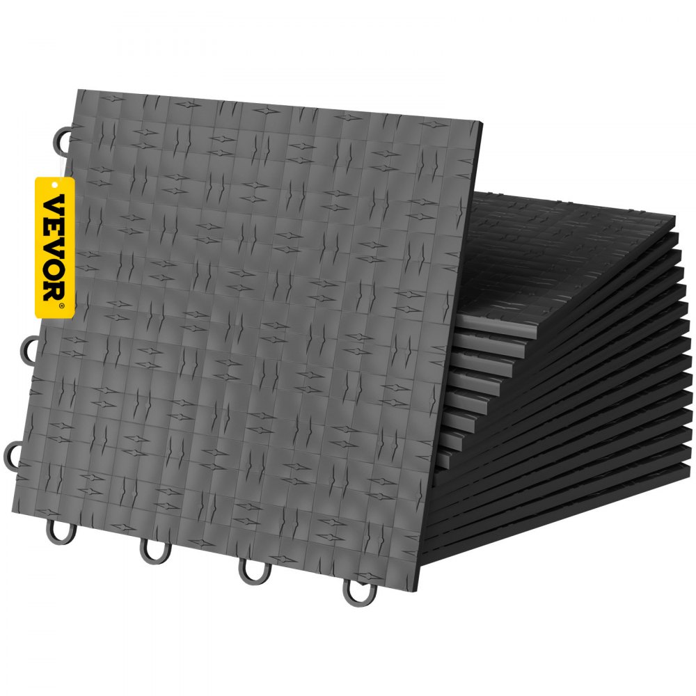 stacked black VEVOR garage tiles with interlocking edges and a textured surface.