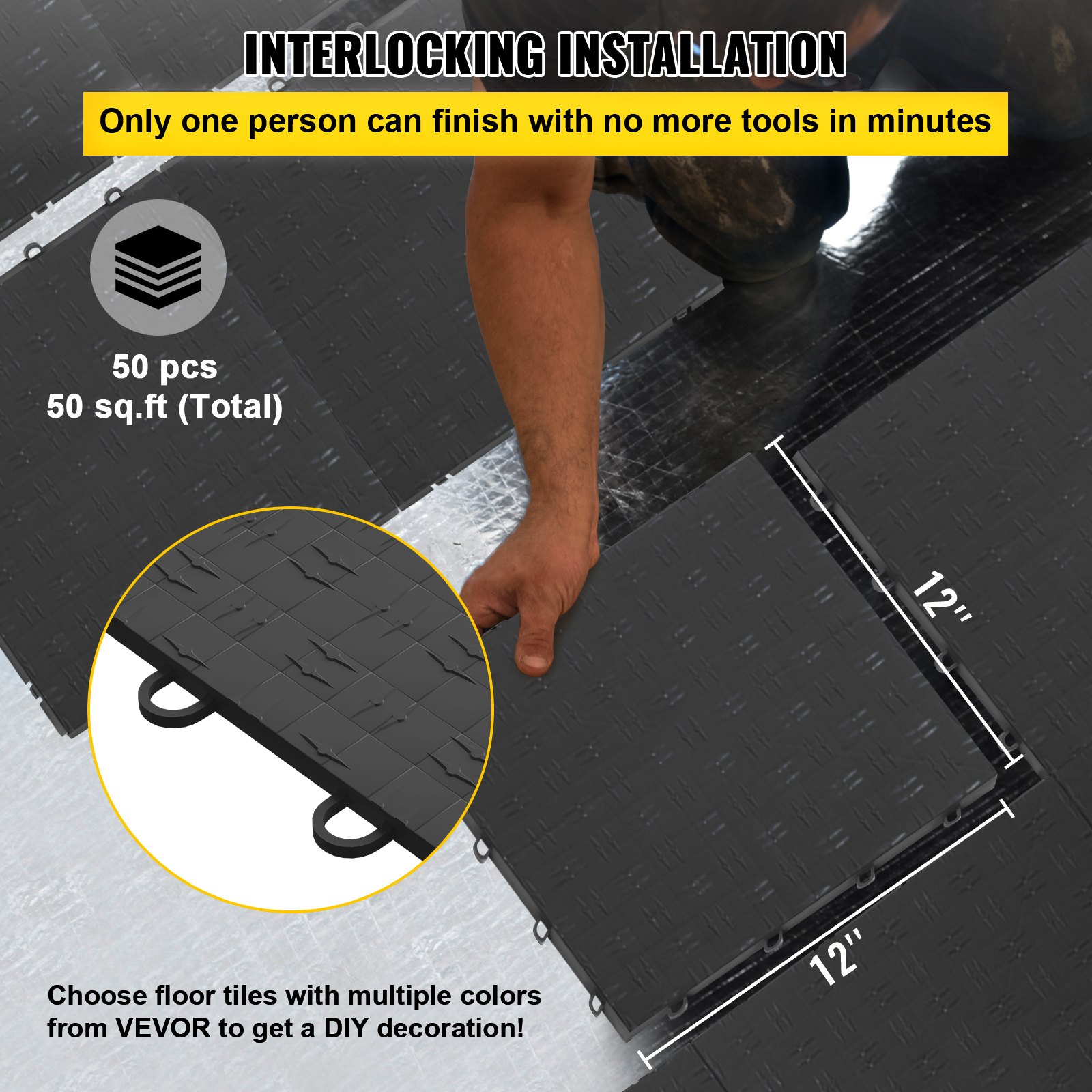 VEVOR Garage Tiles Interlocking Garage Flooring Tiles 12"x12" 50 Pack Graphite