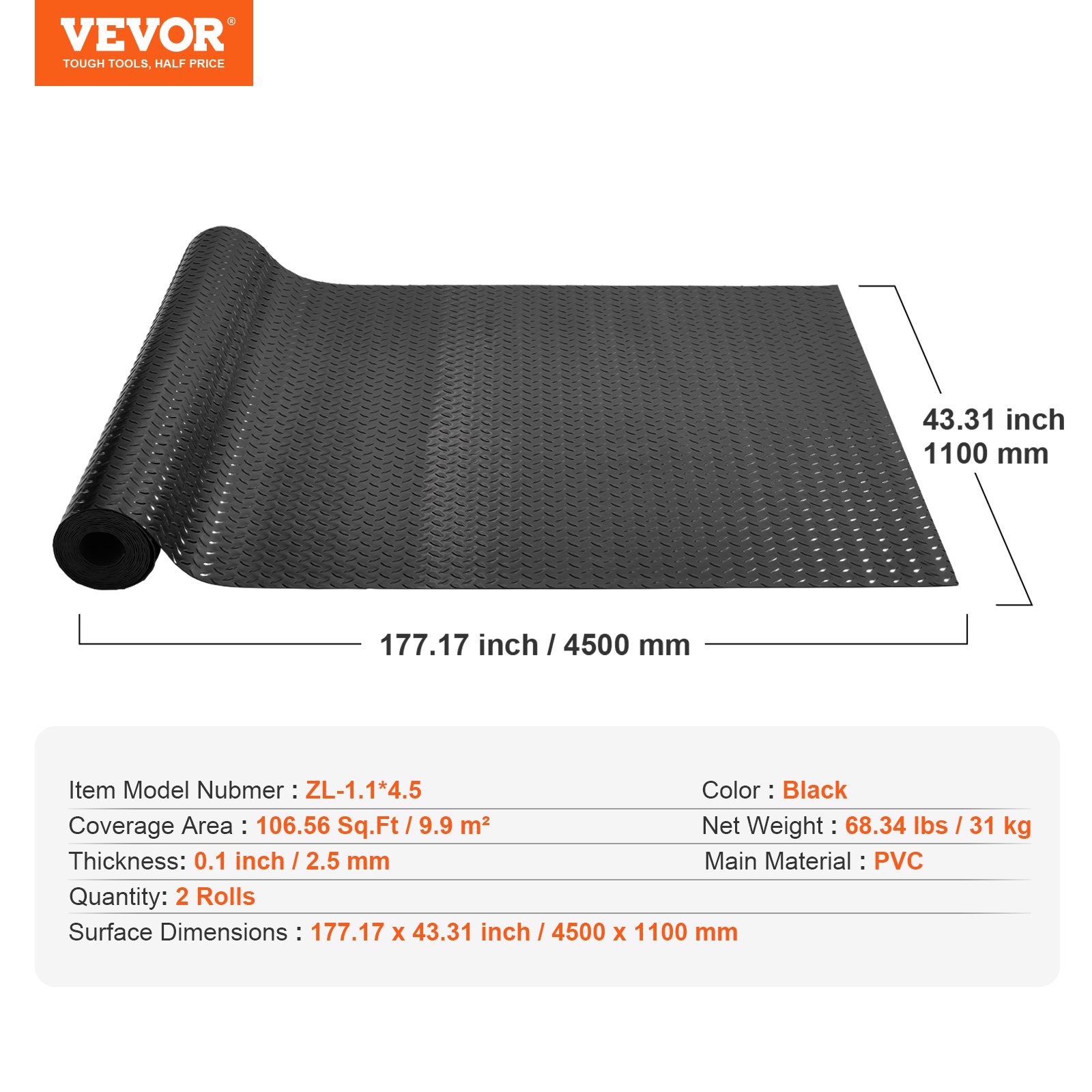 VEVOR Garage Floor Mat, 177.17 x 43.31 inch PVC Garage Flooring Roll, Non-slip Diamond Texture, 106.56 sq.ft Covering Space, Garage Mats for Under Cars, for Gyms Boats Car Trailer, Black