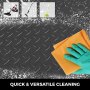 VEVOR garage floor mats with cleaning tools and a gloved hand holding cloths.