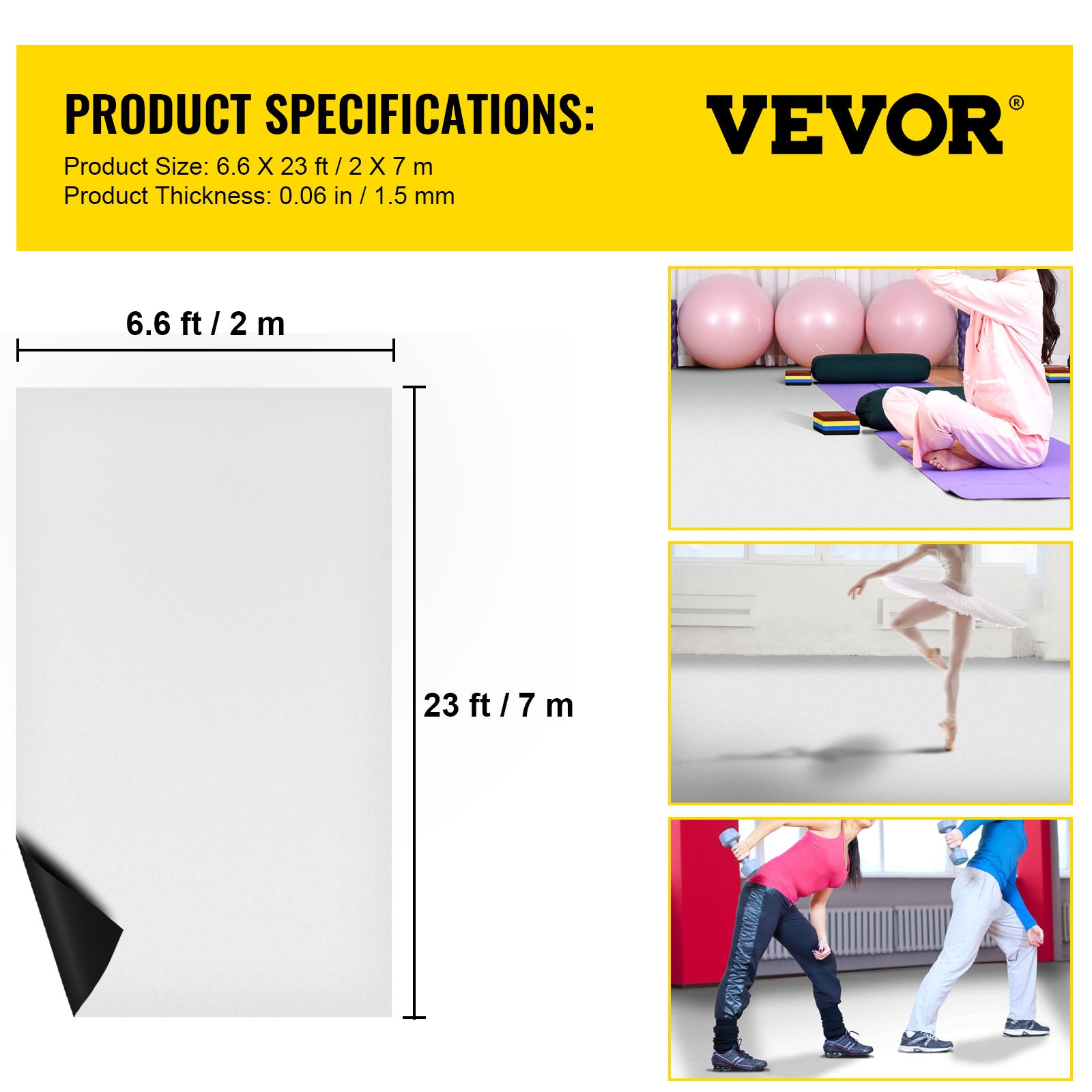 VEVOR Dance Floor, 6.6x23ft Dance Floor Roll, 0.06in Thick PVC Vinyl Dance Floor, Black/White Reversible Portable Dance Floor, Non-Slip Dance Flooring, Ballet Dance Floor for Jazz, Pop, Lyrical Style