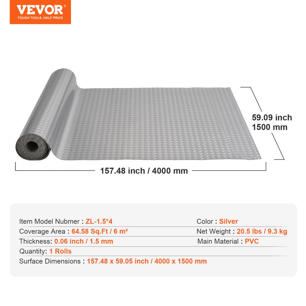 VEVOR Garage Floor Mat, 157.48 x 59.05 inch PVC Garage Flooring Roll, Non-slip Diamond Texture, 64.58 sq.ft Covering Space, Garage Mats for Under Cars, for Gyms Boats Car Trailer, Silver