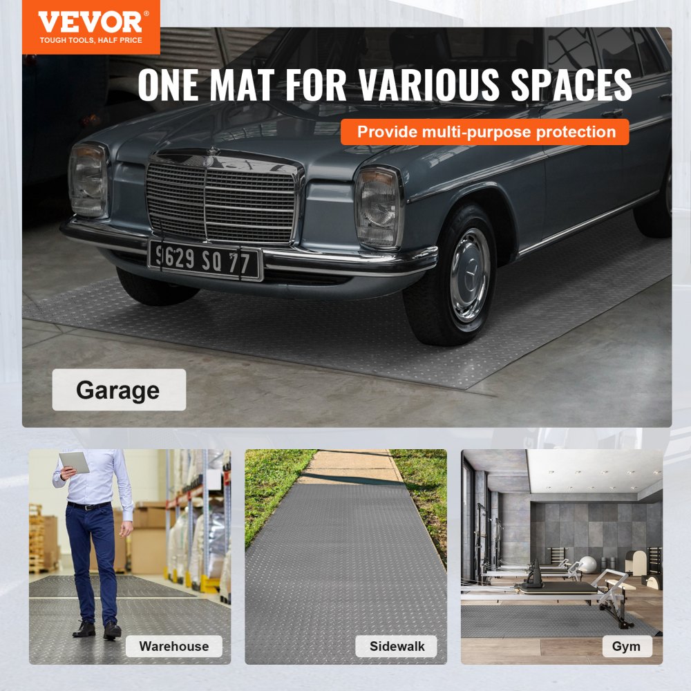 VEVOR Garage Floor Mat, 228.35 x 59.05 inch PVC Garage Flooring Roll, Non-slip Diamond Texture, 93.65 sq.ft Covering Space, Garage Mats for Under Cars, for Gyms Boats Car Trailer, Silver