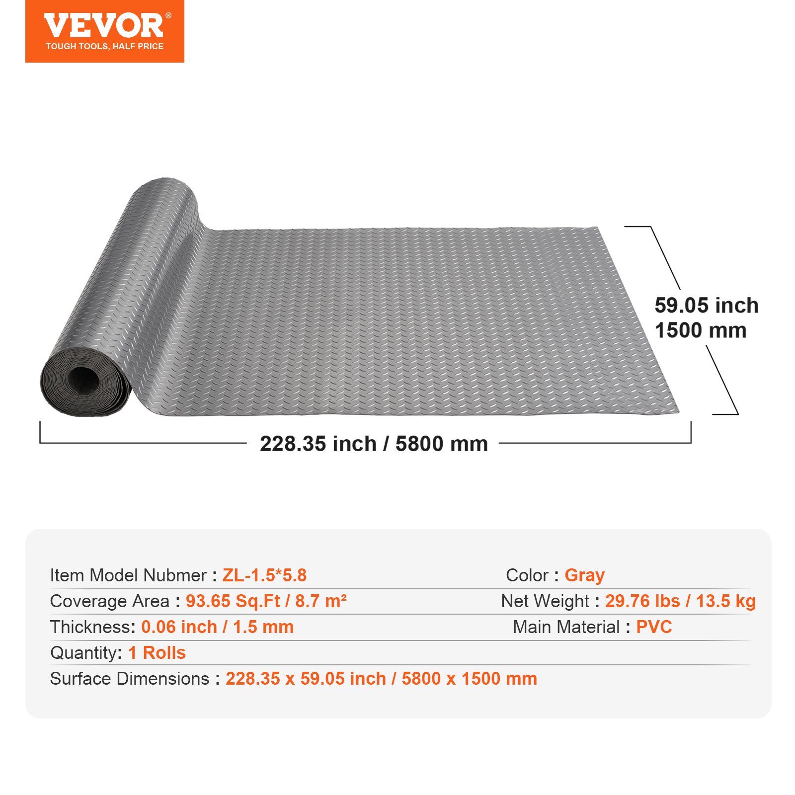 VEVOR Garage Floor Mat, 228.35 x 59.05 inch PVC Garage Flooring Roll, Non-slip Diamond Texture, 93.65 sq.ft Covering Space, Garage Mats for Under Cars, for Gyms Boats Car Trailer, Silver