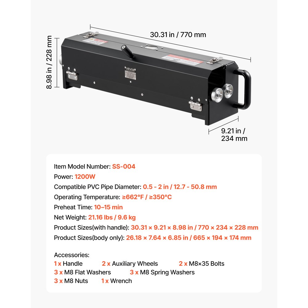 VEVOR Electric PVC Conduit Heater, 1/2" to 2", 1200W Rapid and Even Heating, PVC Bender Heater Pipe Bending Tool with Carrying Handle, Easy to Use, for Construction Crews, DIY Enthusiasts, Workshop