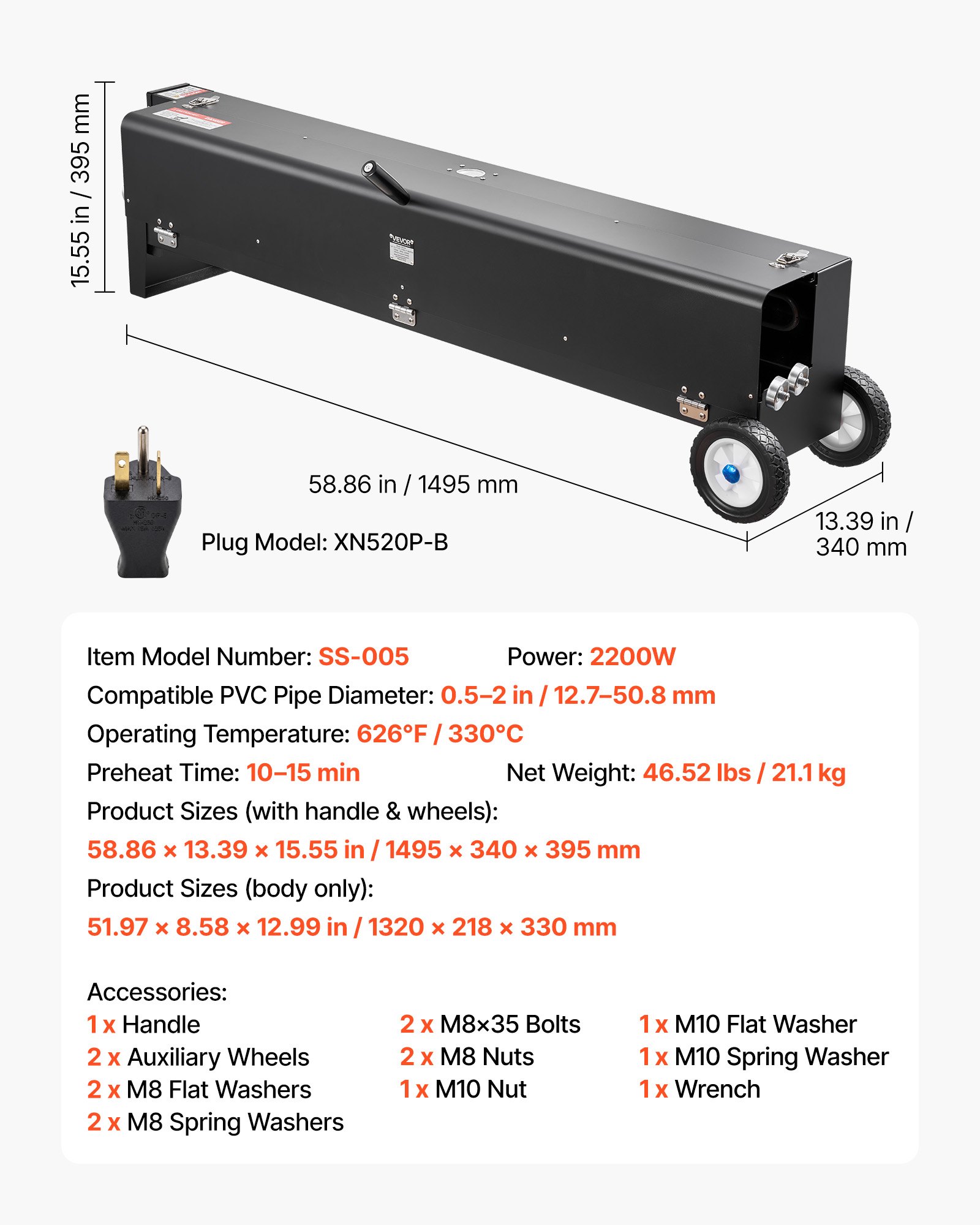 VEVOR Electric PVC Conduit Heater, 1/2" to 4", 2200W Rapid and Even Heating, PVC Bender Heater Pipe Bending Tool with Carrying Handle, Easy to Use, for Construction Crews, DIY Enthusiasts, Workshop