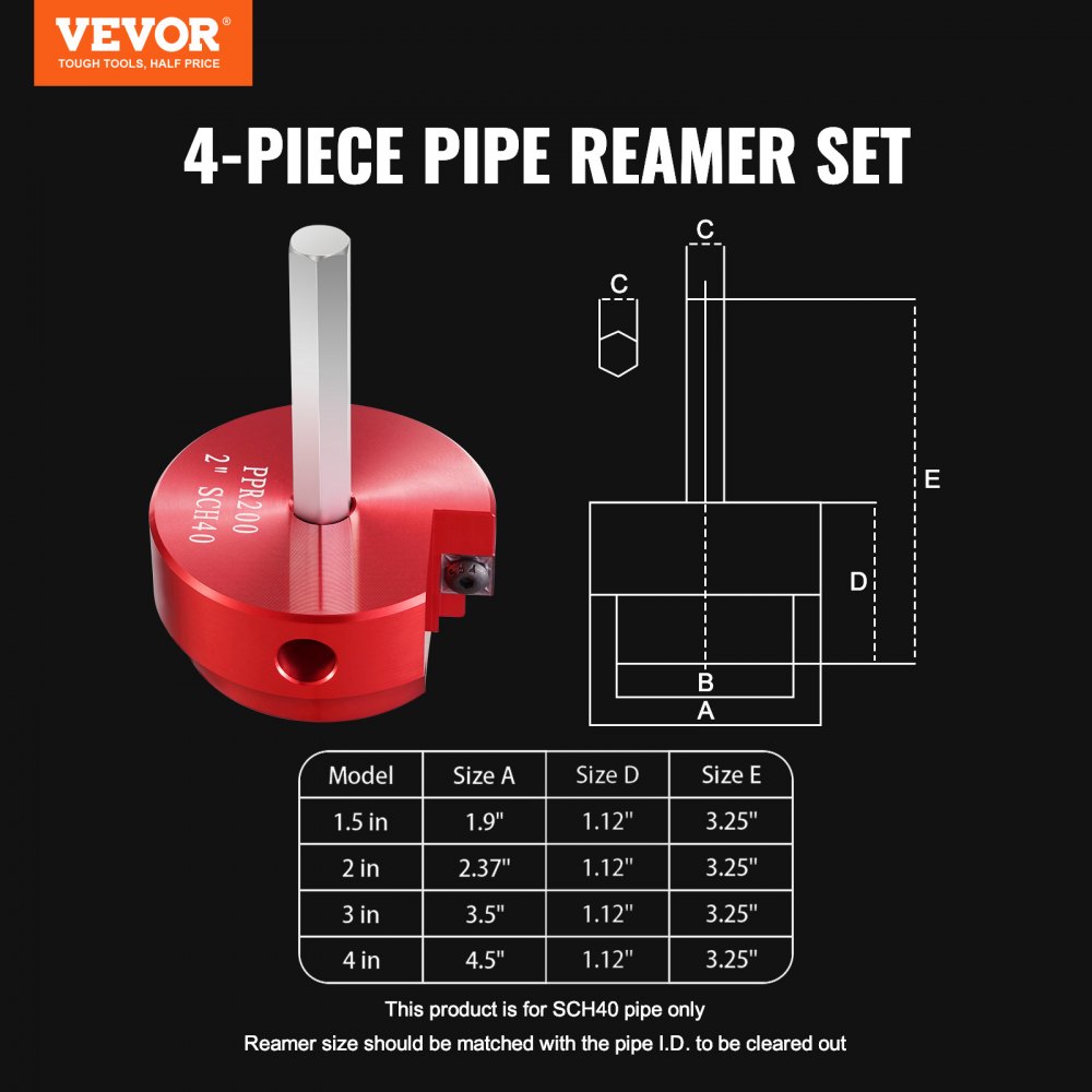 VEVOR 4Pcs PVC Pipe Reamer Kit, Plastic Pipe Fitting Socket Saver Tool Kit, Includes 1-1/2", 2", 3", 4", for PVC, CPVC, and ABS Fittings, with Tool Box, for Exhaust, Drain, Water Pipes Cleaning