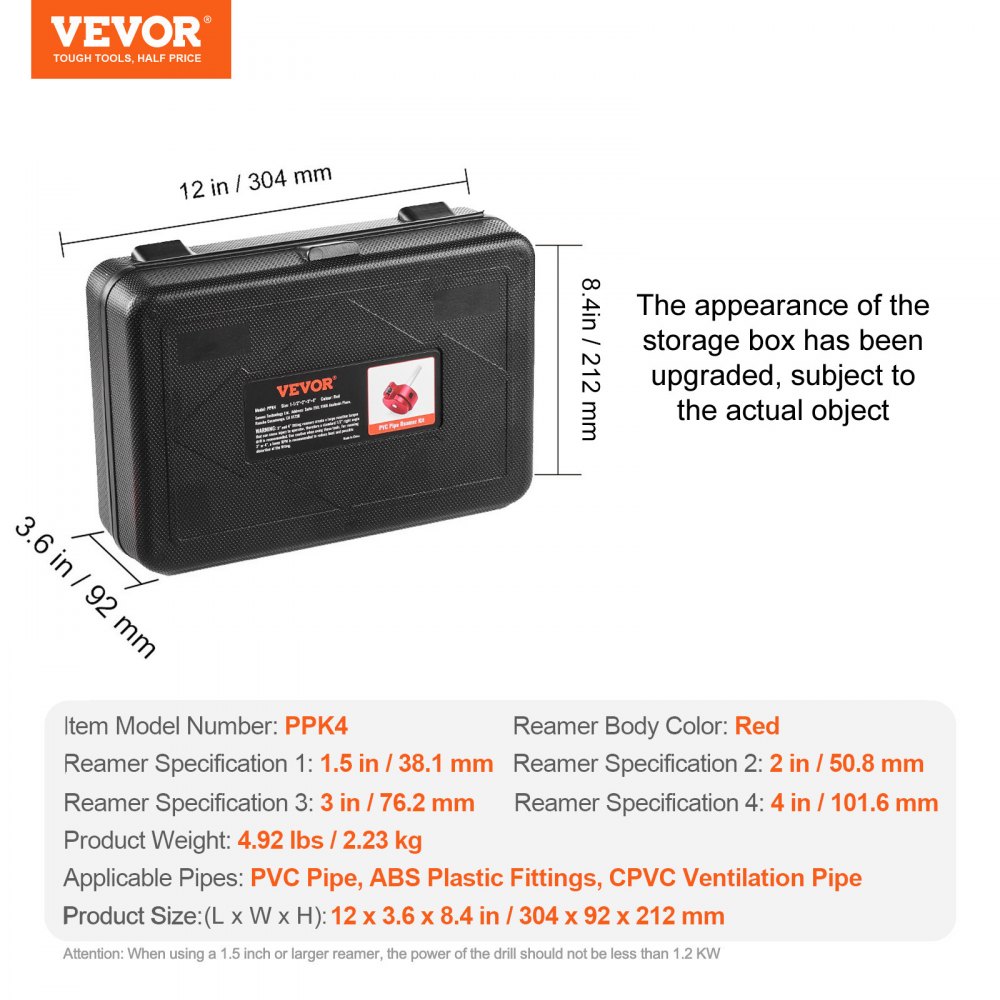 VEVOR 4Pcs PVC Pipe Reamer Kit, Plastic Pipe Fitting Socket Saver Tool Kit, Includes 1-1/2", 2", 3", 4", for PVC, CPVC, and ABS Fittings, with Tool Box, for Exhaust, Drain, Water Pipes Cleaning