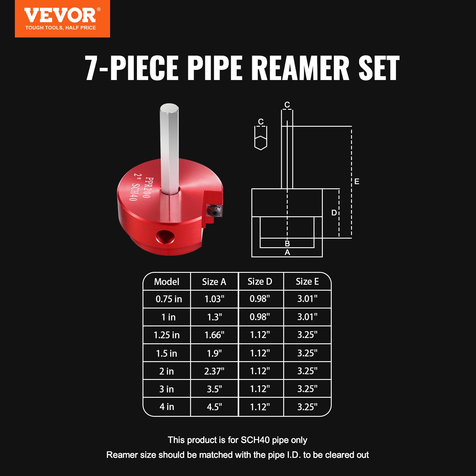VEVOR 7Pcs PVC Pipe Reamer Kit, Plastic Pipe Fitting Socket Saver Kit, Includes 3/4", 1", 1-1/4'', 1-1/2", 2", 3", 5'', for PVC, CPVC, and ABS Fittings, for Exhaust, Drain, Water Pipes Cleaning
