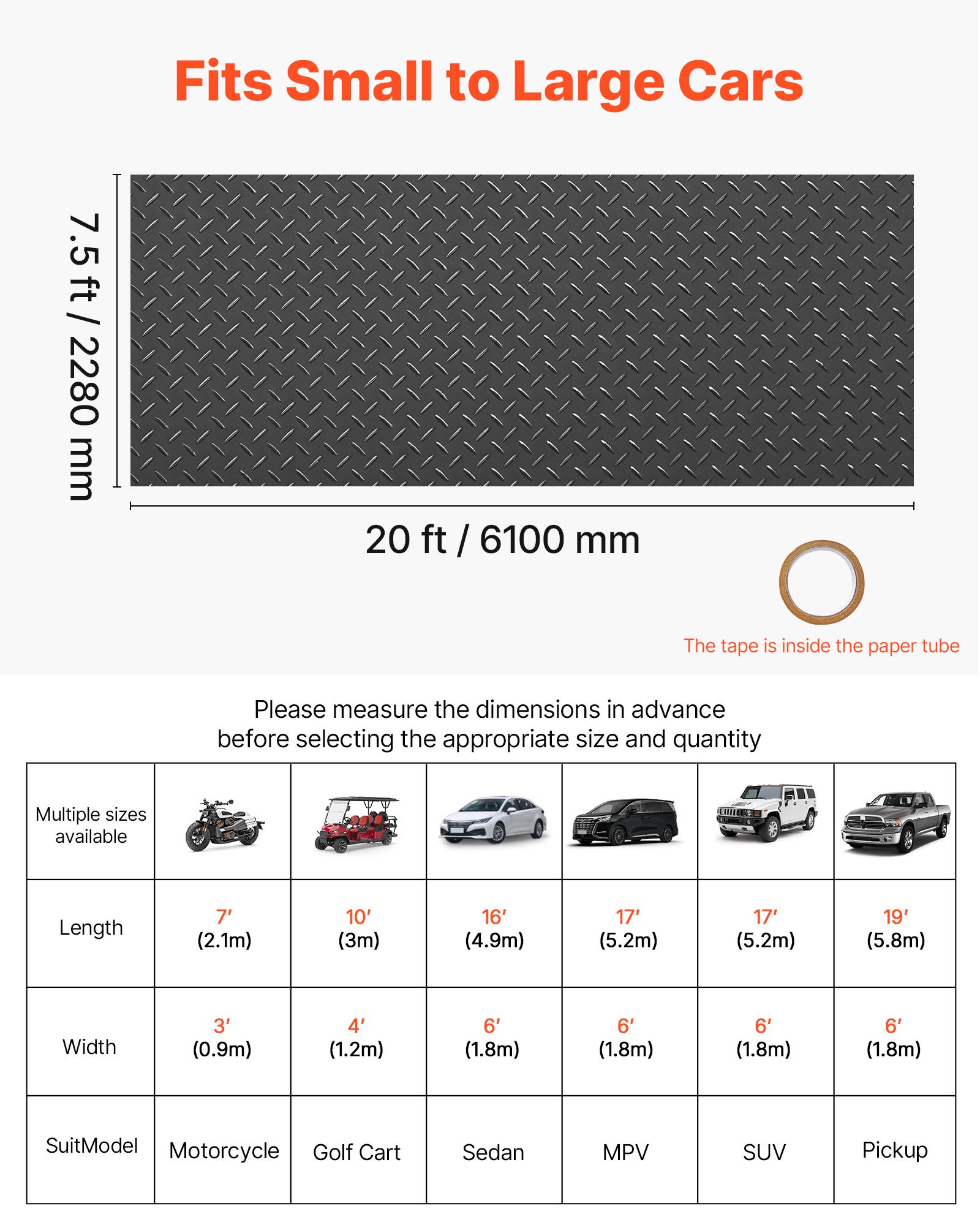 VEVOR Garage Floor Roll, 2.28 x 6.1 m Garage Flooring Mat, 2.2 mm Thickened PVC Diamond Plate Floor Protector Mat with Double-sided Tape, Non-Slip, Easy to Clean for Warehouse, Gyms, Trailer, Black