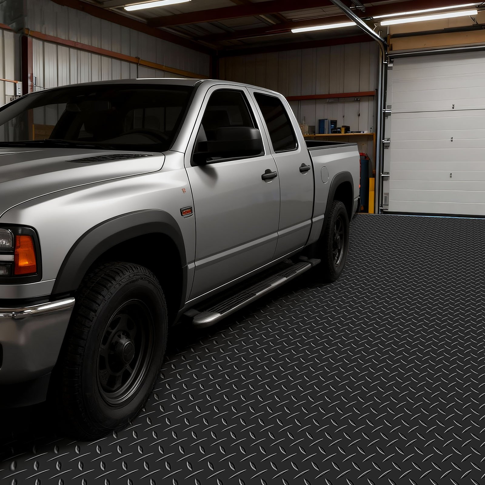 VEVOR Garage Floor Roll, 2.28 x 6.1 m Garage Flooring Mat, 2.2 mm Thickened PVC Diamond Plate Floor Protector Mat with Double-sided Tape, Non-Slip, Easy to Clean for Warehouse, Gyms, Trailer, Black