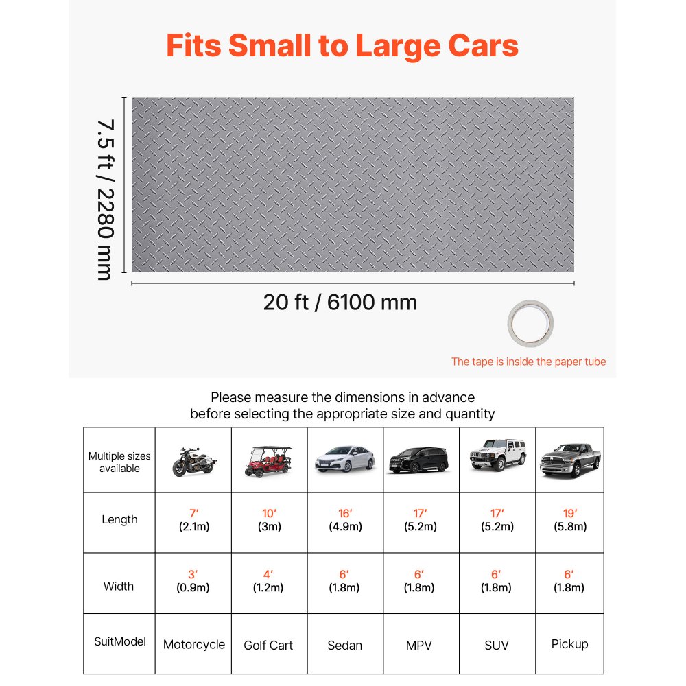 VEVOR Garage Floor Roll, 2.28 x 6.1 m Garage Flooring Mat, 2.2 mm Thickened PVC Diamond Plate Floor Protector Mat with Double-sided Tape, Non-Slip, Easy to Clean for Warehouse, Gyms, Silver Gray