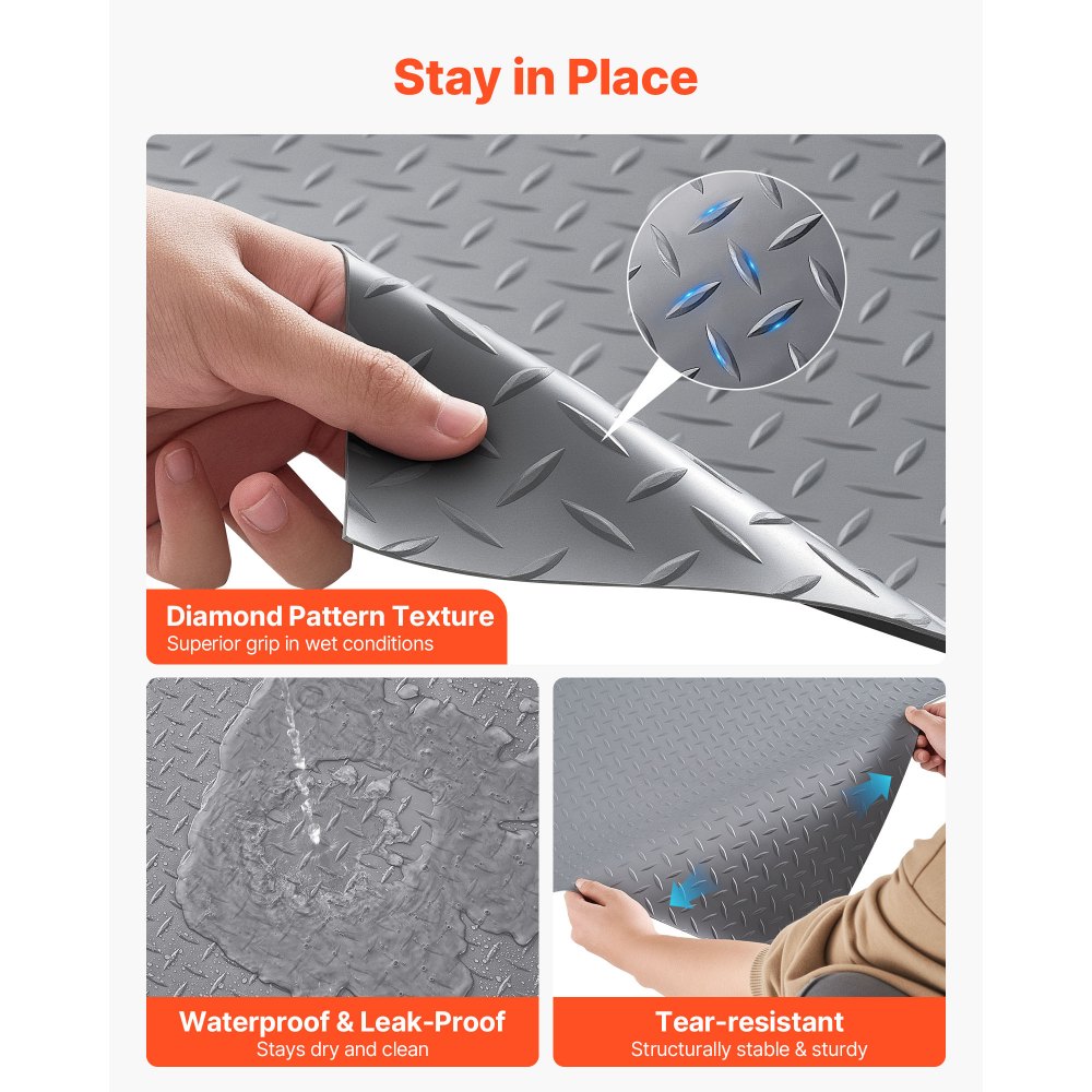 VEVOR Garage Floor Roll, 2.28 x 6.1 m Garage Flooring Mat, 2.2 mm Thickened PVC Diamond Plate Floor Protector Mat with Double-sided Tape, Non-Slip, Easy to Clean for Warehouse, Gyms, Silver Gray