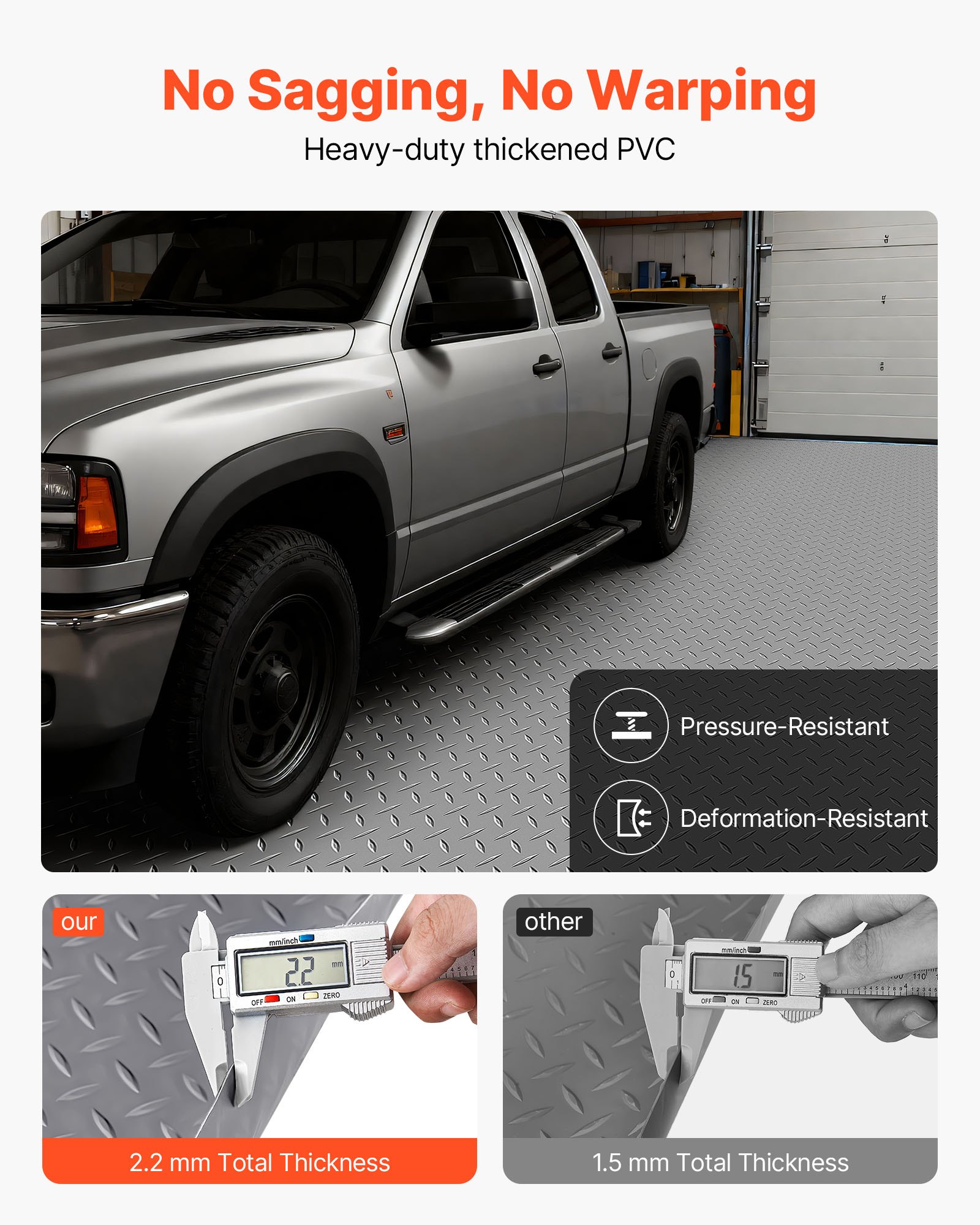 VEVOR Garage Floor Roll, 2.28 x 6.1 m Garage Flooring Mat, 2.2 mm Thickened PVC Diamond Plate Floor Protector Mat with Double-sided Tape, Non-Slip, Easy to Clean for Warehouse, Gyms, Silver Gray