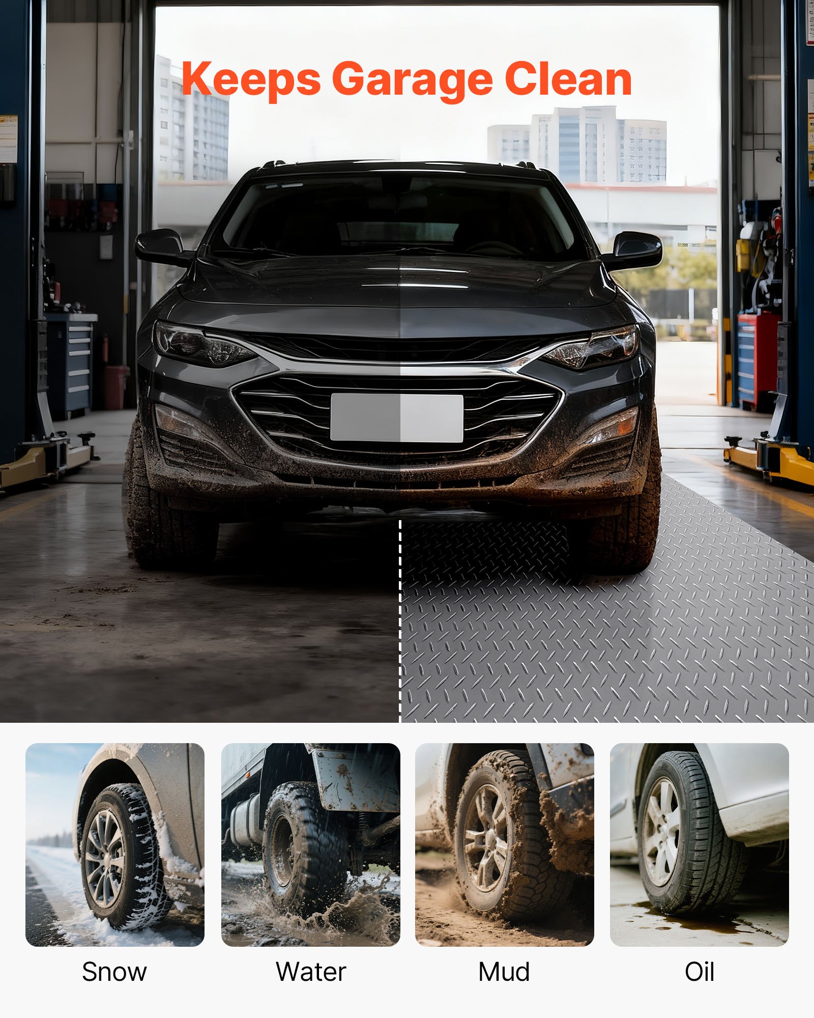 VEVOR Garage Floor Roll, 2.28 x 6.1 m Garage Flooring Mat, 2.2 mm Thickened PVC Diamond Plate Floor Protector Mat with Double-sided Tape, Non-Slip, Easy to Clean for Warehouse, Gyms, Silver Gray