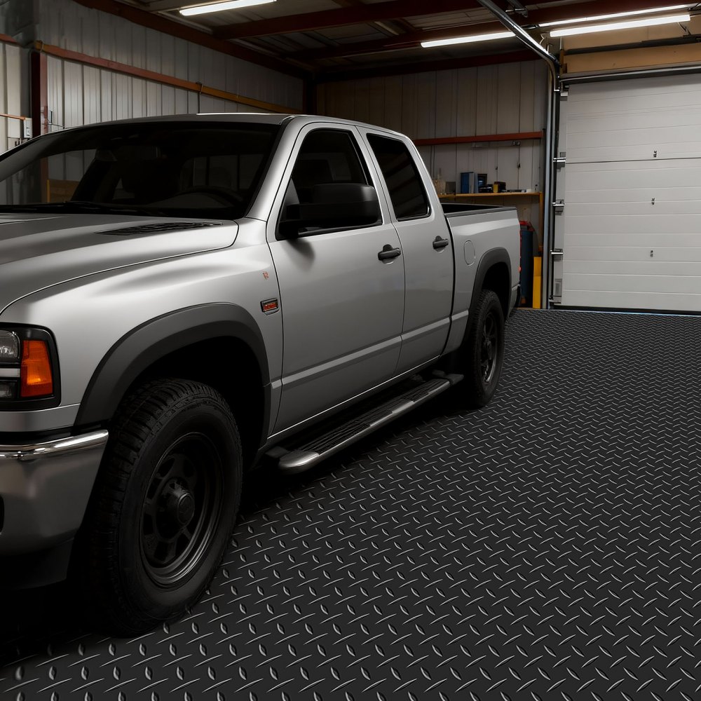 VEVOR Garage Floor Roll, 2.28 x 5.2 m Garage Flooring Mat, 2.2 mm Thickened PVC Diamond Plate Floor Protector Mat with Double-sided Tape, Non-Slip, Easy to Clean for Warehouse, Gyms, Trailer, Black