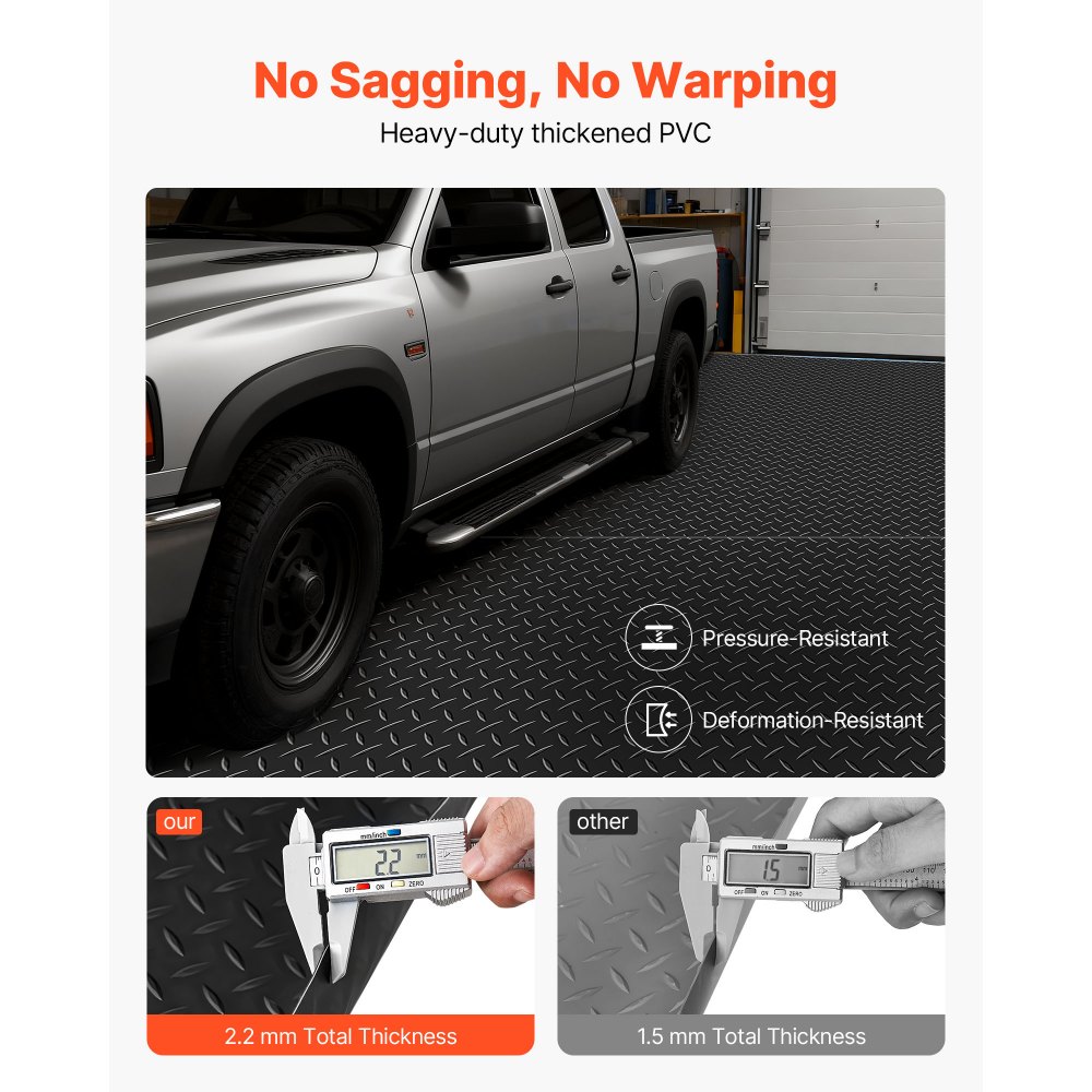 VEVOR Garage Floor Roll, 1.2 x 2.13 m Garage Flooring Mat, 2.2 mm Thickened PVC Diamond Plate Floor Protector Mat with Double-sided Tape, Non-Slip, Easy to Clean for Warehouse, Gyms, Trailer, Black